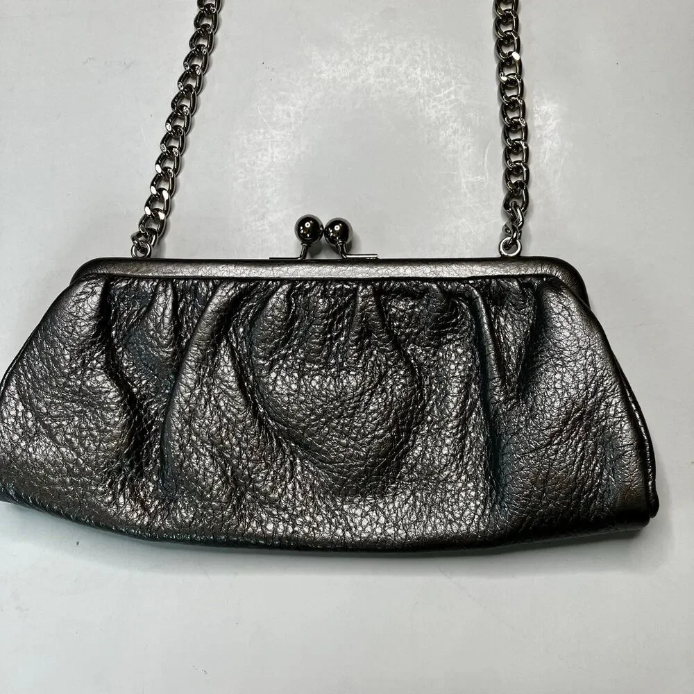 Talbot's Metallic Silver Gray Leather Clutch Evening Purse With Shoulder Strap